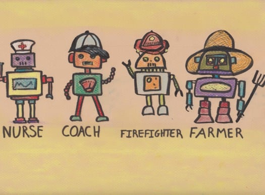 These are the 'people' in your neighborhood. In your neighborhood. In your neigh boor hood. Yes. (But when you get to the one labeled 'computer programmer' then of course all hell breaks loose.) A line of robots doing human jobs